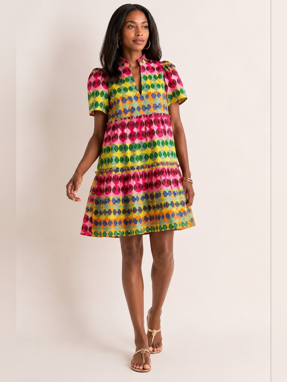 SUGARLIPS Brooks Dress Split V-neckline Tiered Colorful Size Small Puff Sleeve